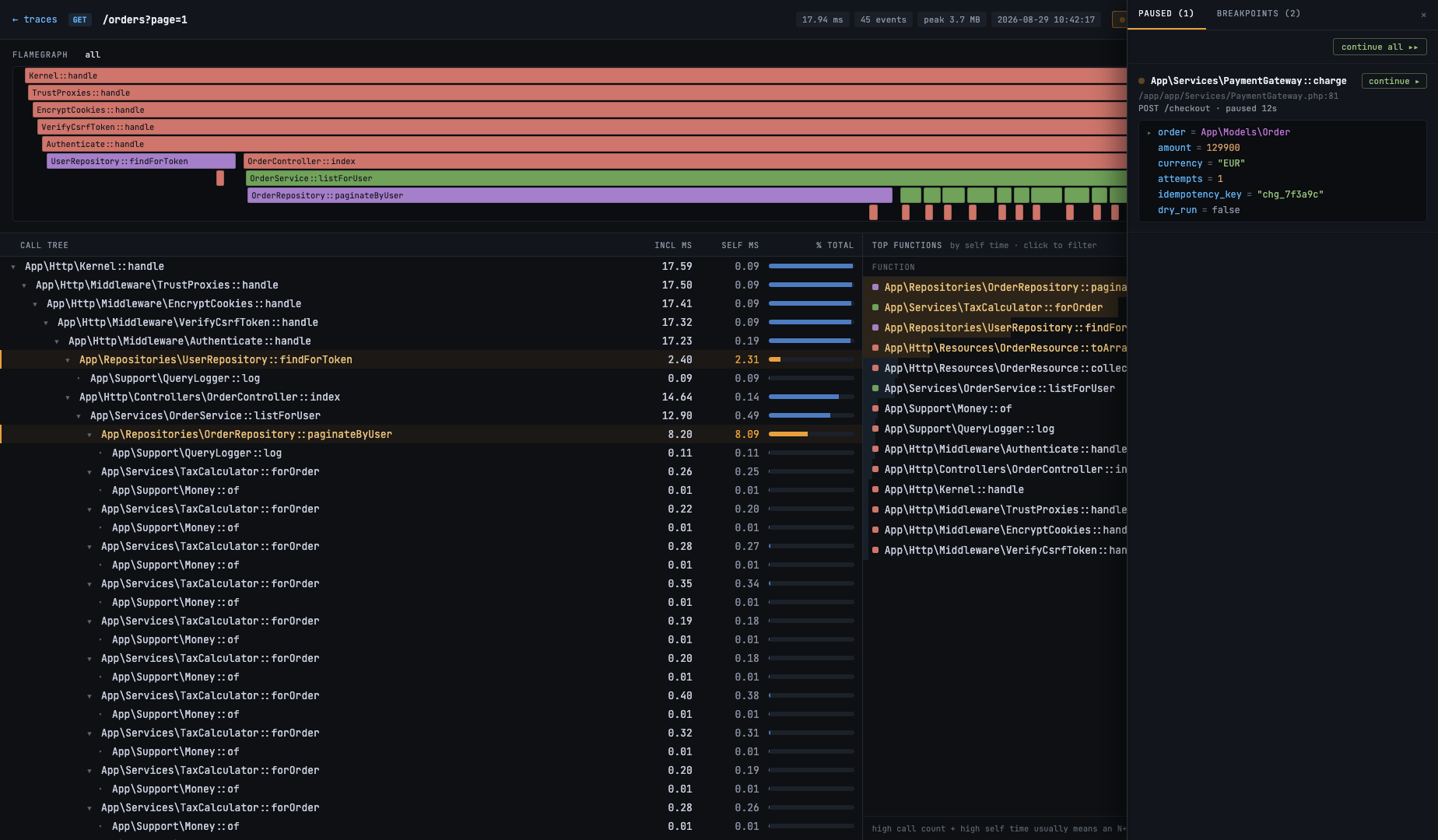 filo debugger drawer: a paused request with its variables